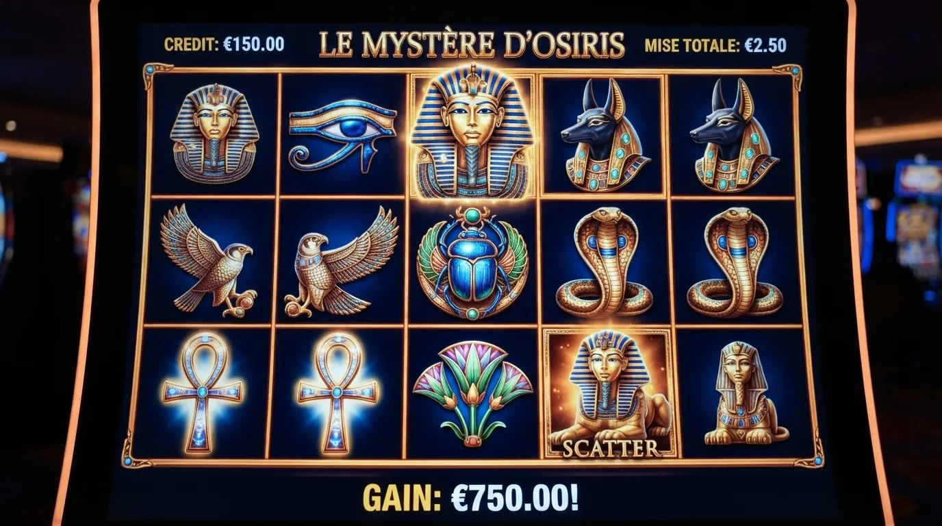 Gros plan sur la grille 5×3 de Cleopatra avec les symboles pharaon, scarabée, croix ânkh et le Sphinx scatter doré