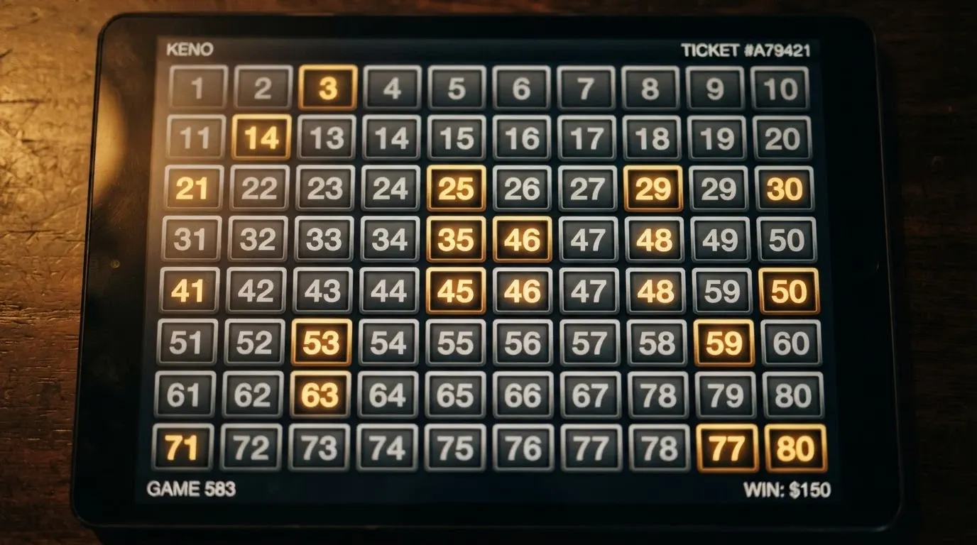 Gros plan sur une grille de keno de casino avec 20 numéros tirés mis en évidence parmi les 80