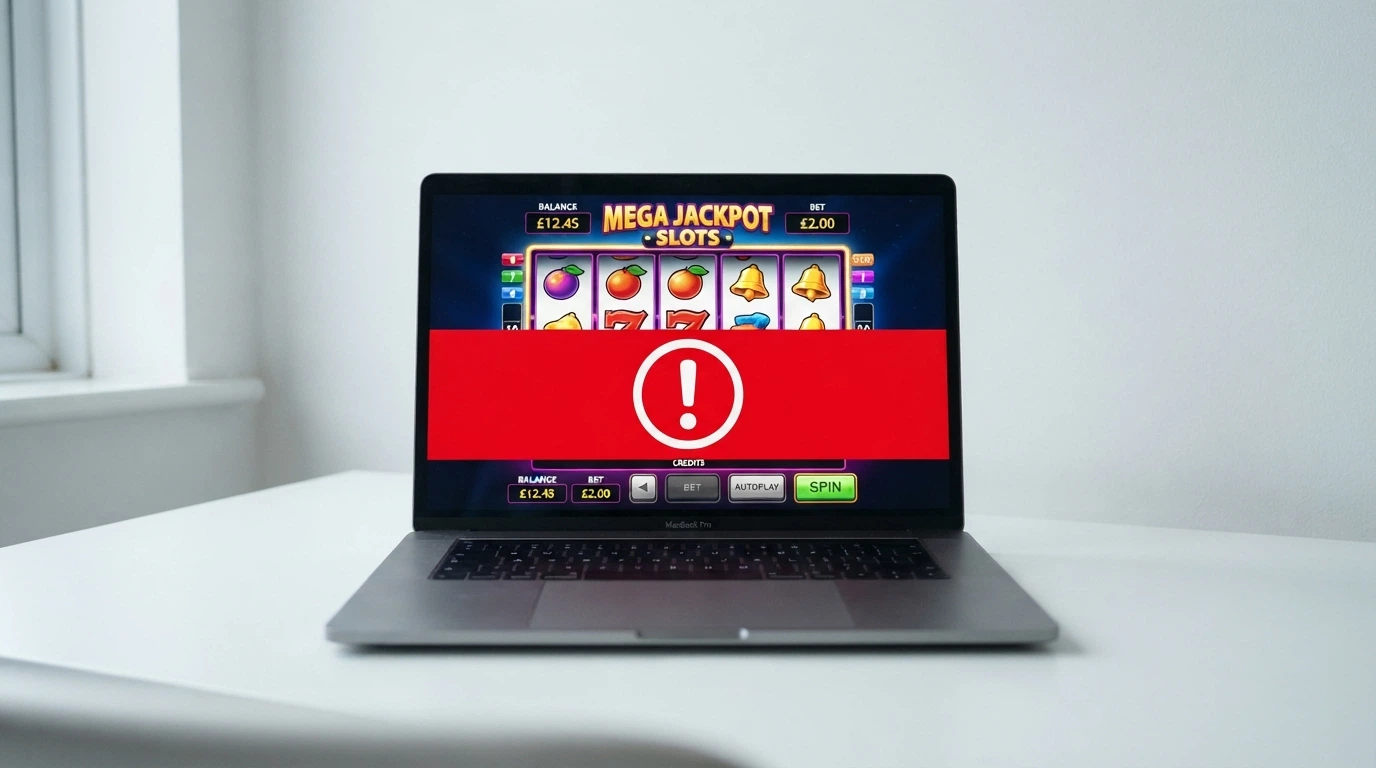 Un écran barré d'un bandeau rouge « non régulé » avec le logo de l'ANJ en surimpression sur une interface de casino
