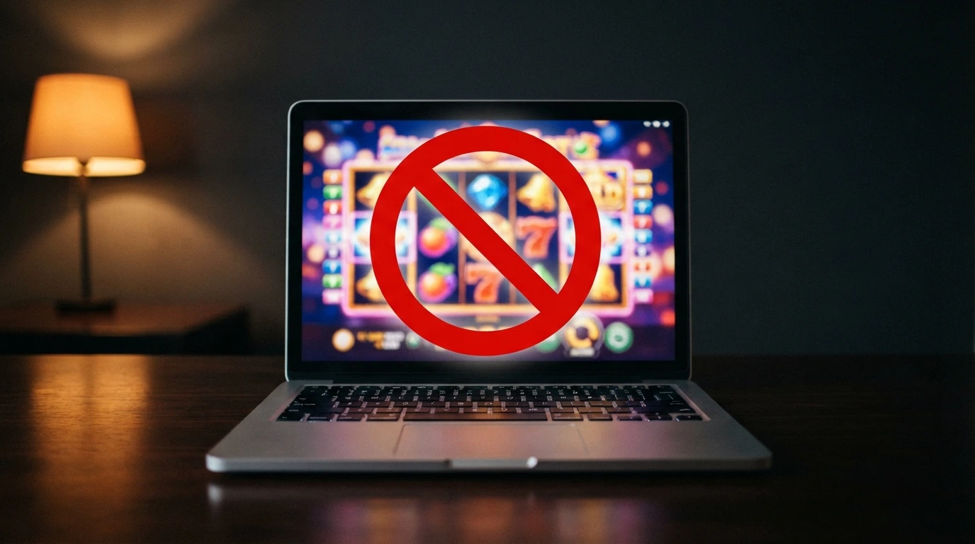 Un écran d'ordinateur affichant un casino en ligne barré d'un panneau d'interdiction