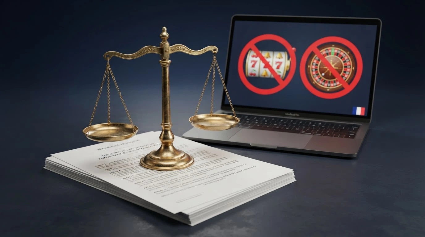 Une balance de justice posée sur un texte de loi français, un écran en arrière-plan barré d'un symbole d'interdiction sur des icônes de machines à sous