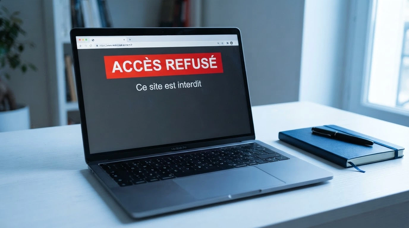 Document officiel de l'ANJ posé sur un bureau à côté d'un écran affichant un message de site bloqué