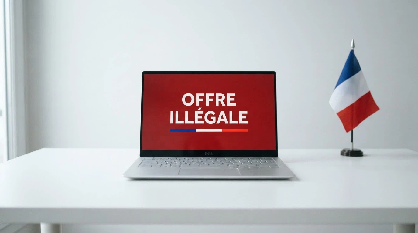 Un écran affichant le site de l'ANJ avec la mention « offre illégale » en surimpression, devant un drapeau français flouté