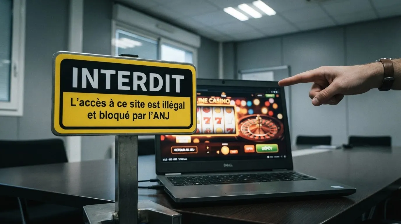 Panneau d'avertissement réglementaire en français devant un écran affichant une interface de casino en ligne, avec le logo de l'ANJ visible