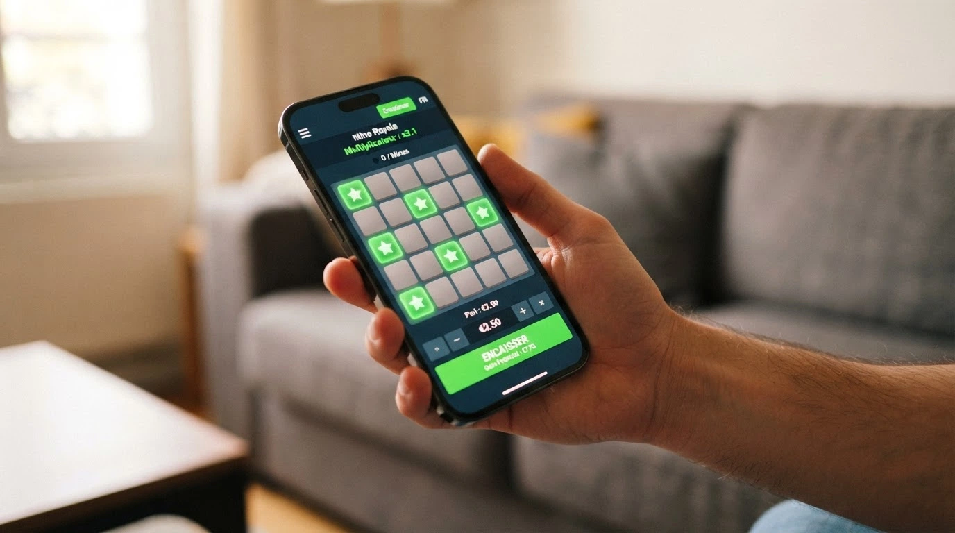 Interface complète du jeu Mines de Spribe : la grille 5×5, le sélecteur de mise, le compteur de multiplicateur et le bouton cash out