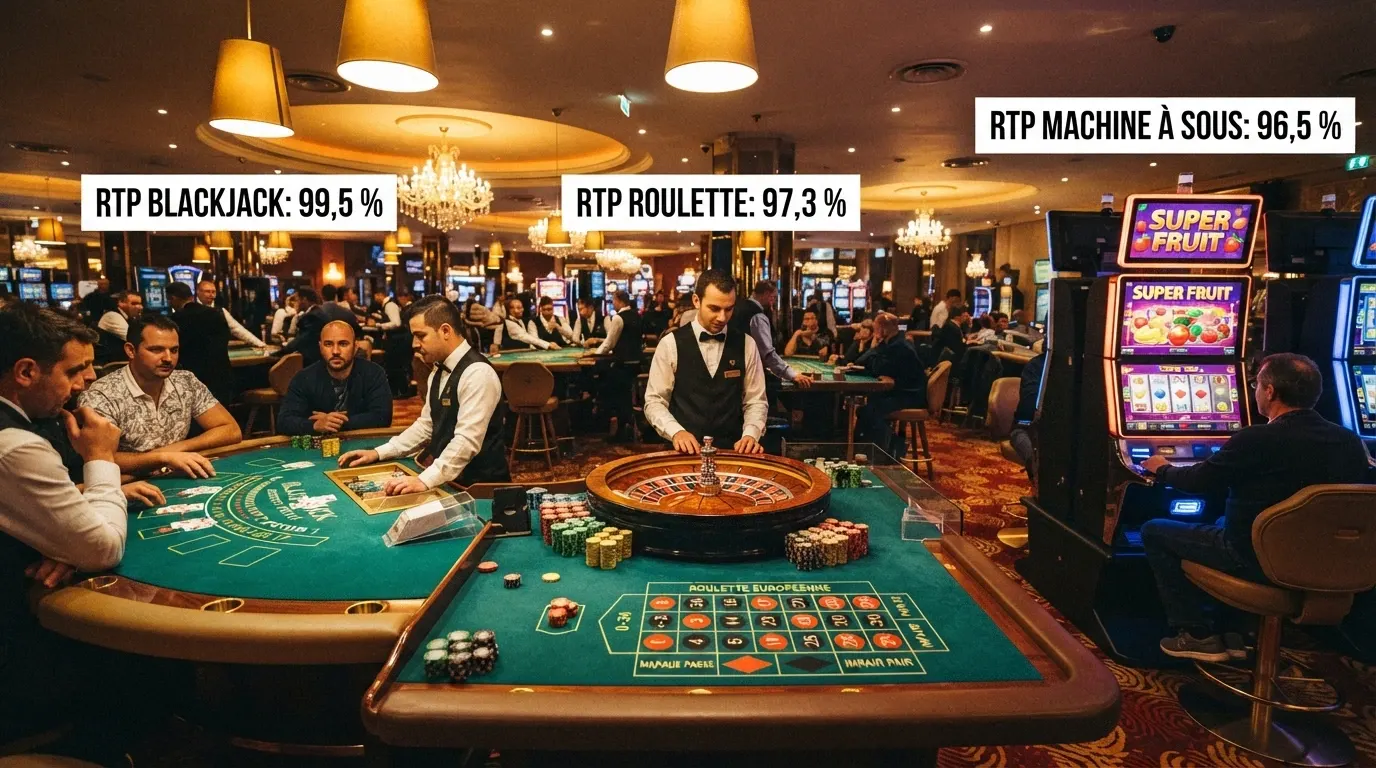 Une table de blackjack, une roulette européenne et une machine à sous affichées côte à côte avec leur RTP en surimpression