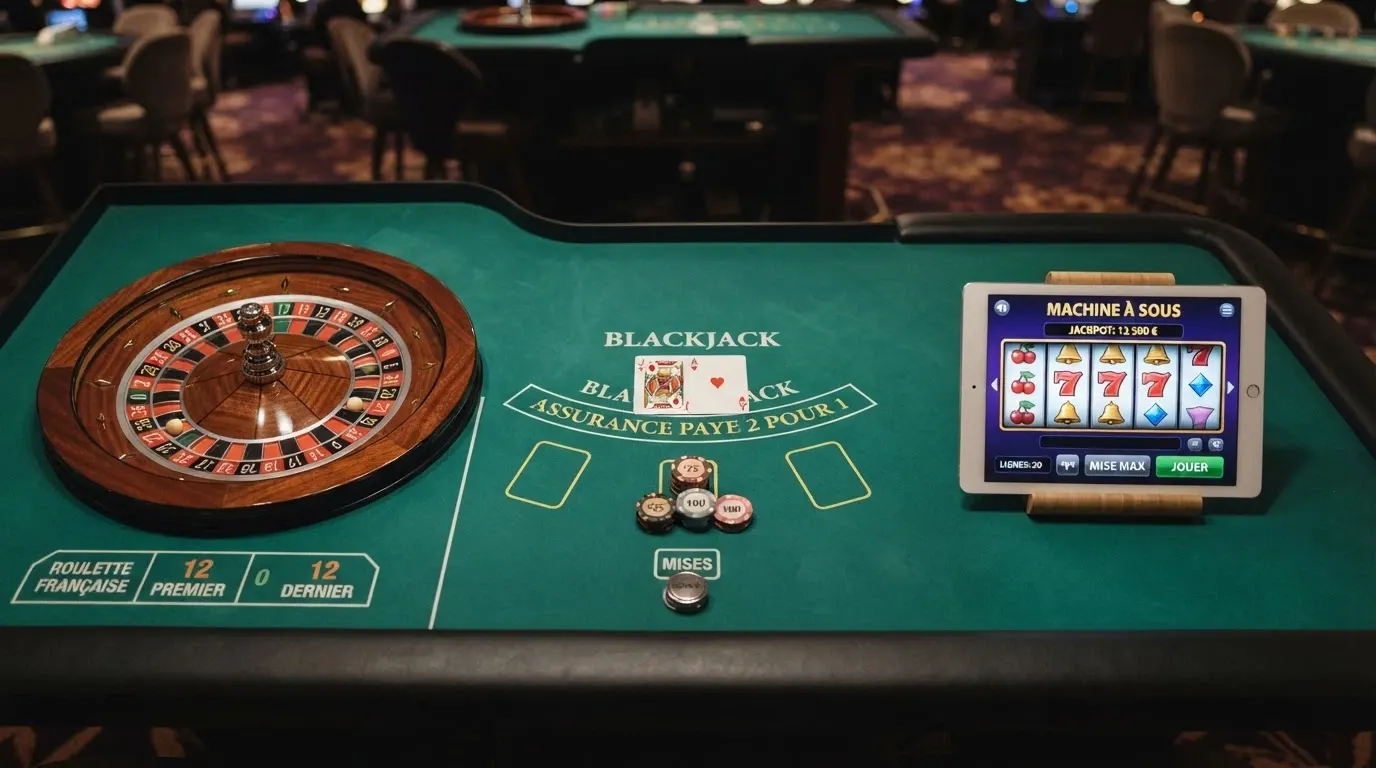 Une roulette européenne, une main de blackjack et l'écran d'une machine à sous côte à côte