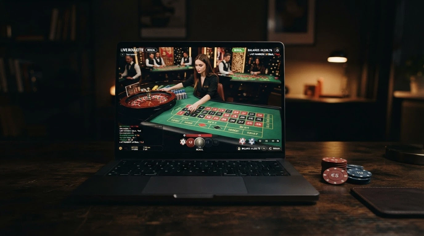 Un écran d'ordinateur affichant une table de roulette en direct avec un croupier, des jetons virtuels et l'interface de jeu visible