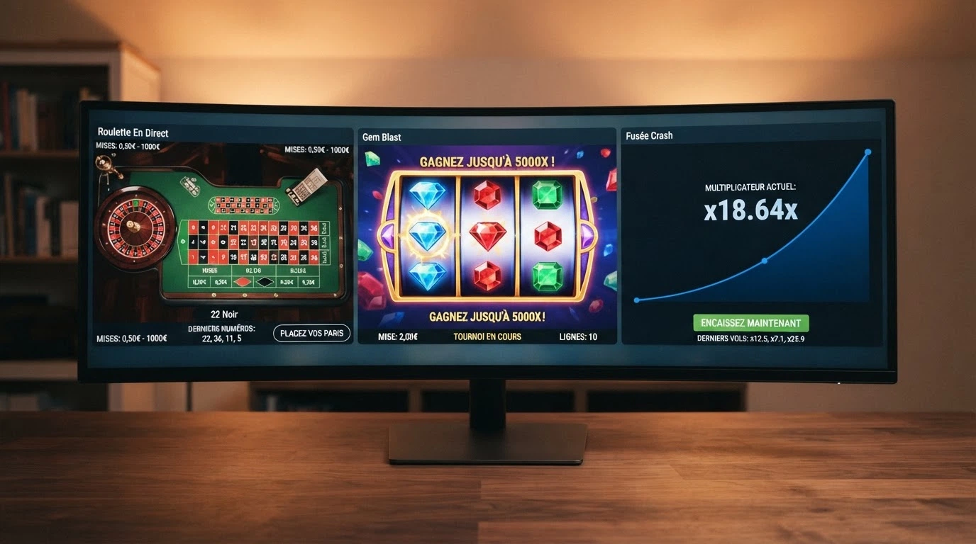 Un écran partagé entre une table de roulette en live avec croupier, une machine à sous colorée et un jeu de crash en pleine montée de courbe