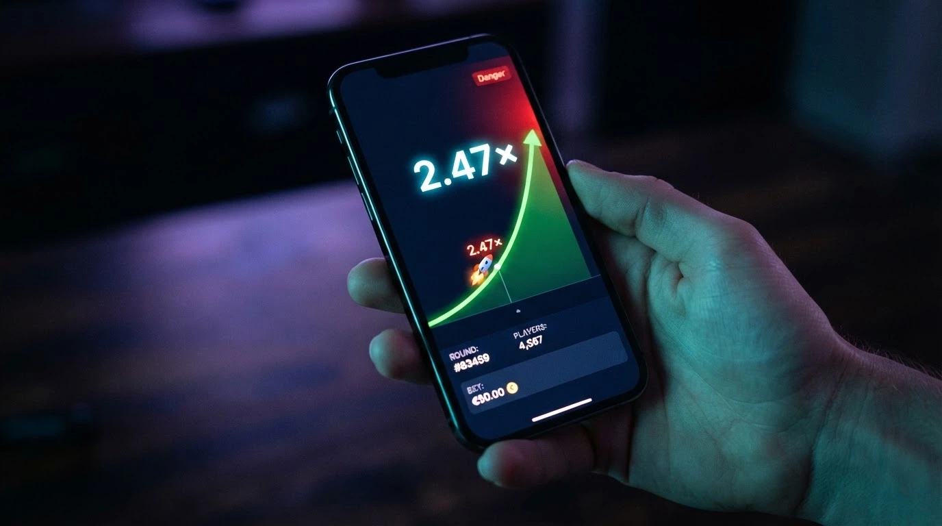 Interface d'un jeu de crash crypto avec une courbe de multiplicateur montante et un compteur de mise en SOL, juste avant l'explosion