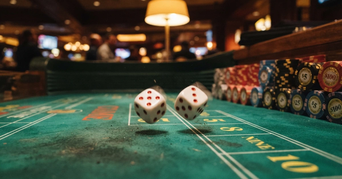 Deux dés blancs à points rouges sur un tapis de casino vert, avec des jetons de couleur empilés en arrière-plan