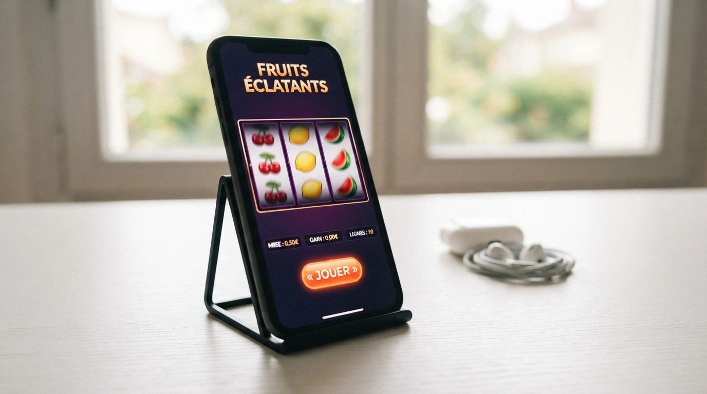 Une machine à sous en ligne colorée affichée sur un écran, avec des rouleaux de fruits et une interface en français