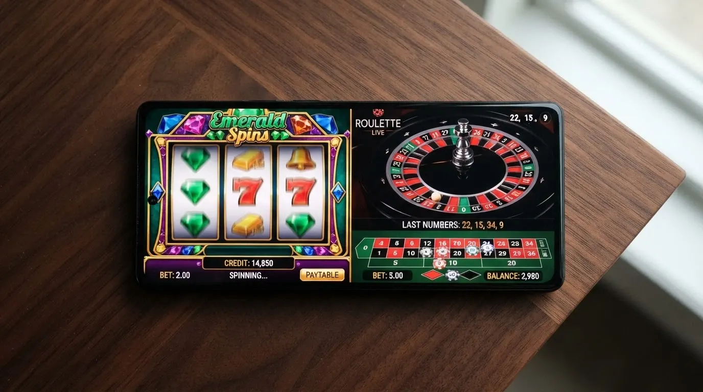 smartphone affichant une machine à sous et une table de roulette côte à côte