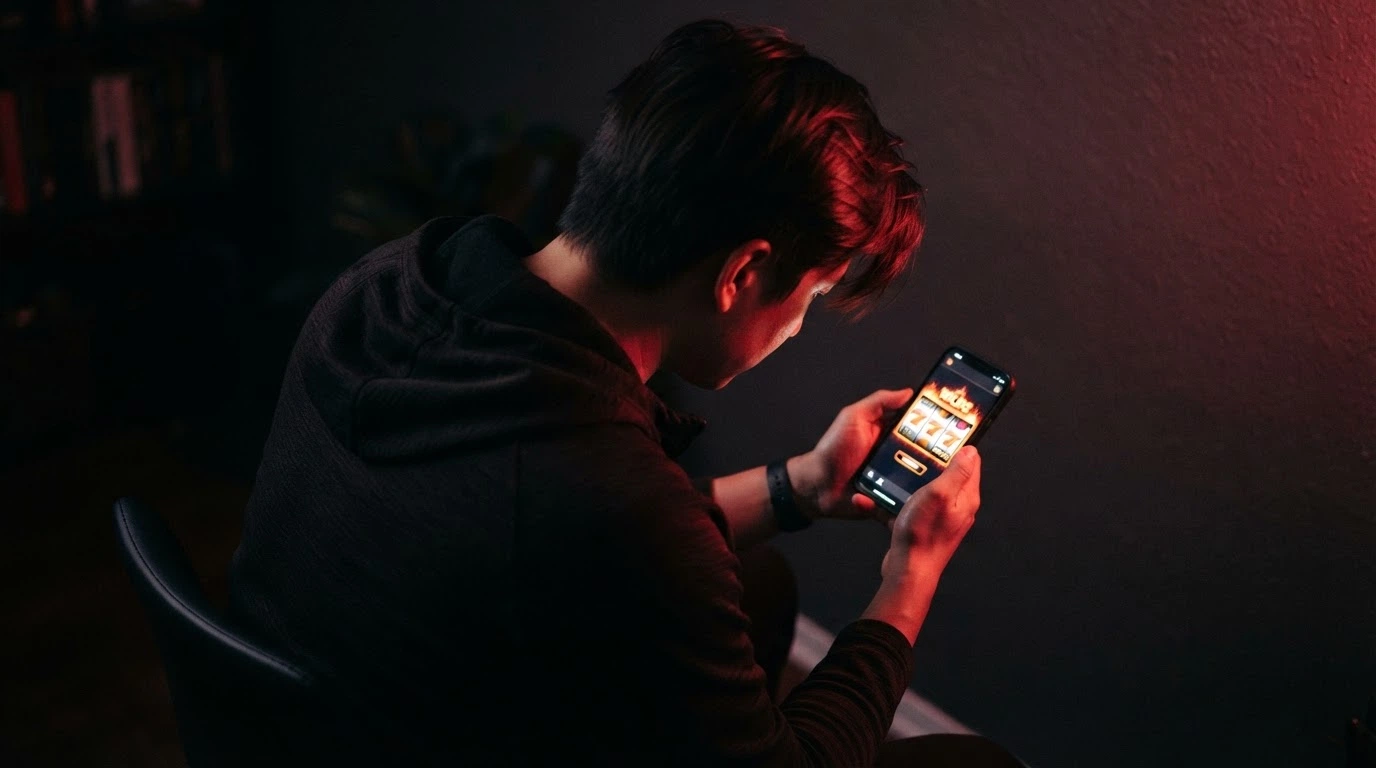 Un joueur regardant son téléphone dans une pièce sombre, l'écran affichant une machine à sous, avec une lueur rouge sur le visage