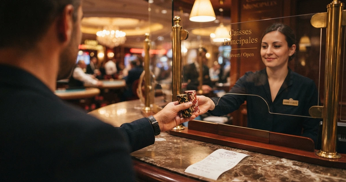 Un joueur devant une caisse de casino recevant des billets en euros, avec un document officiel du Code monétaire et financier en amorce