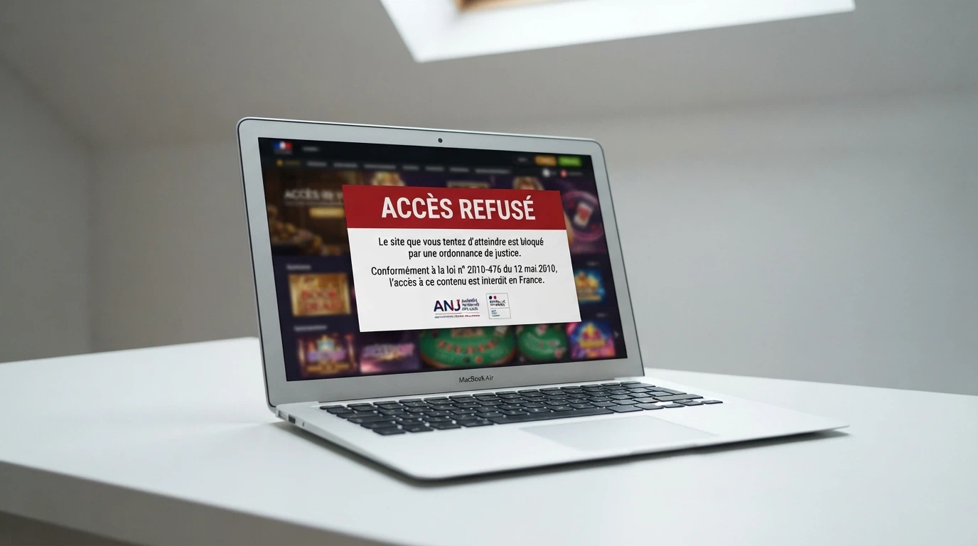 Écran partagé entre le logo de l'ANJ et une interface de casino bloquée affichant un message d'avertissement légal en français