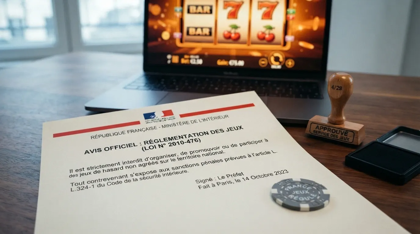 Le logo de l'ANJ à côté d'un panneau d'avertissement, avec l'écran d'un casino en fond estompé