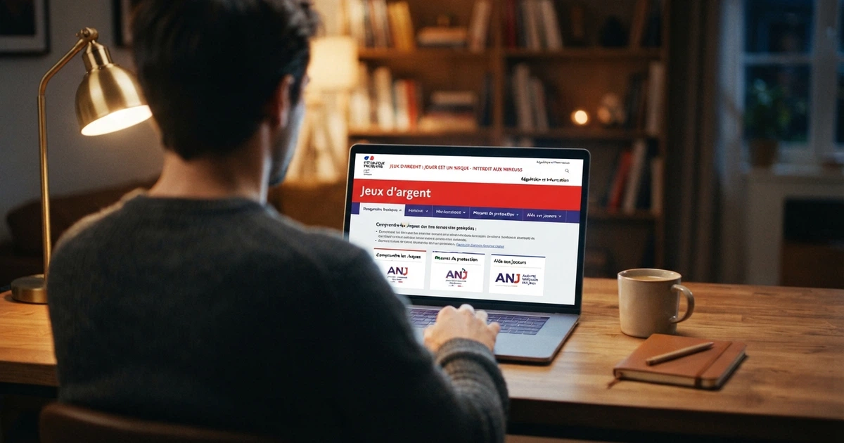 Un écran d'ordinateur affichant la page d'accueil du site de l'ANJ avec la mention « jeux d'argent » et un bandeau d'avertissement