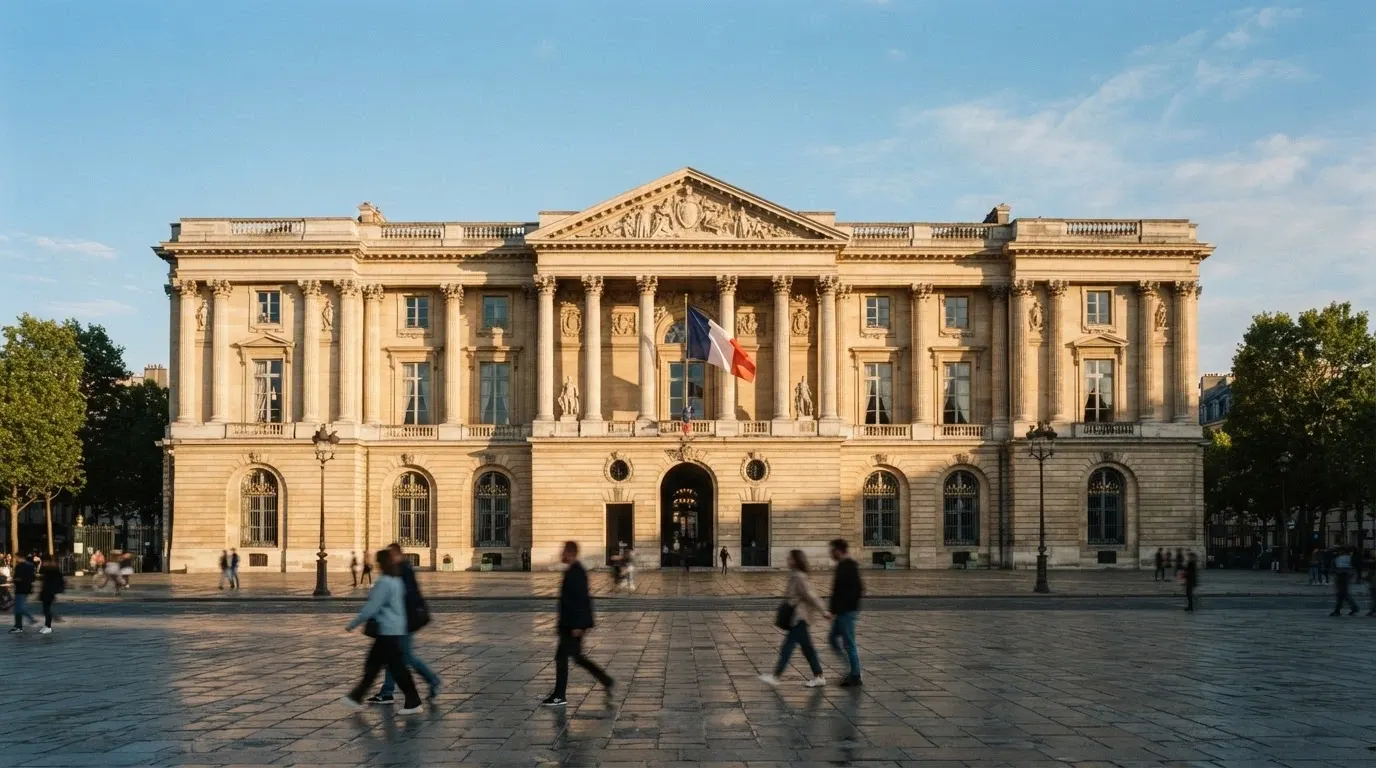 Le logo de l'ANJ sur la façade d'un bâtiment institutionnel français, drapeau tricolore visible