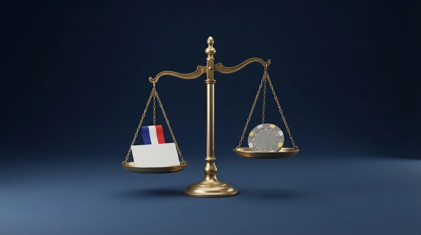Une balance symbolisant la comparaison entre un agrément ANJ et une licence offshore, avec le drapeau français d'un côté et un environnement non régulé de l'autre