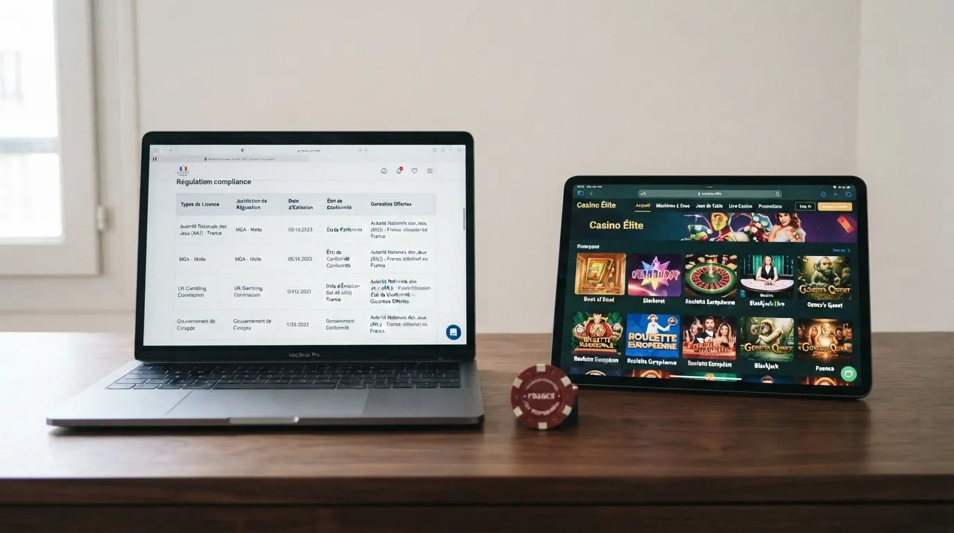 Capture d'écran du registre des licences d'un régulateur (MGA ou Curaçao) affichée à côté de la page d'accueil d'un casino en ligne
