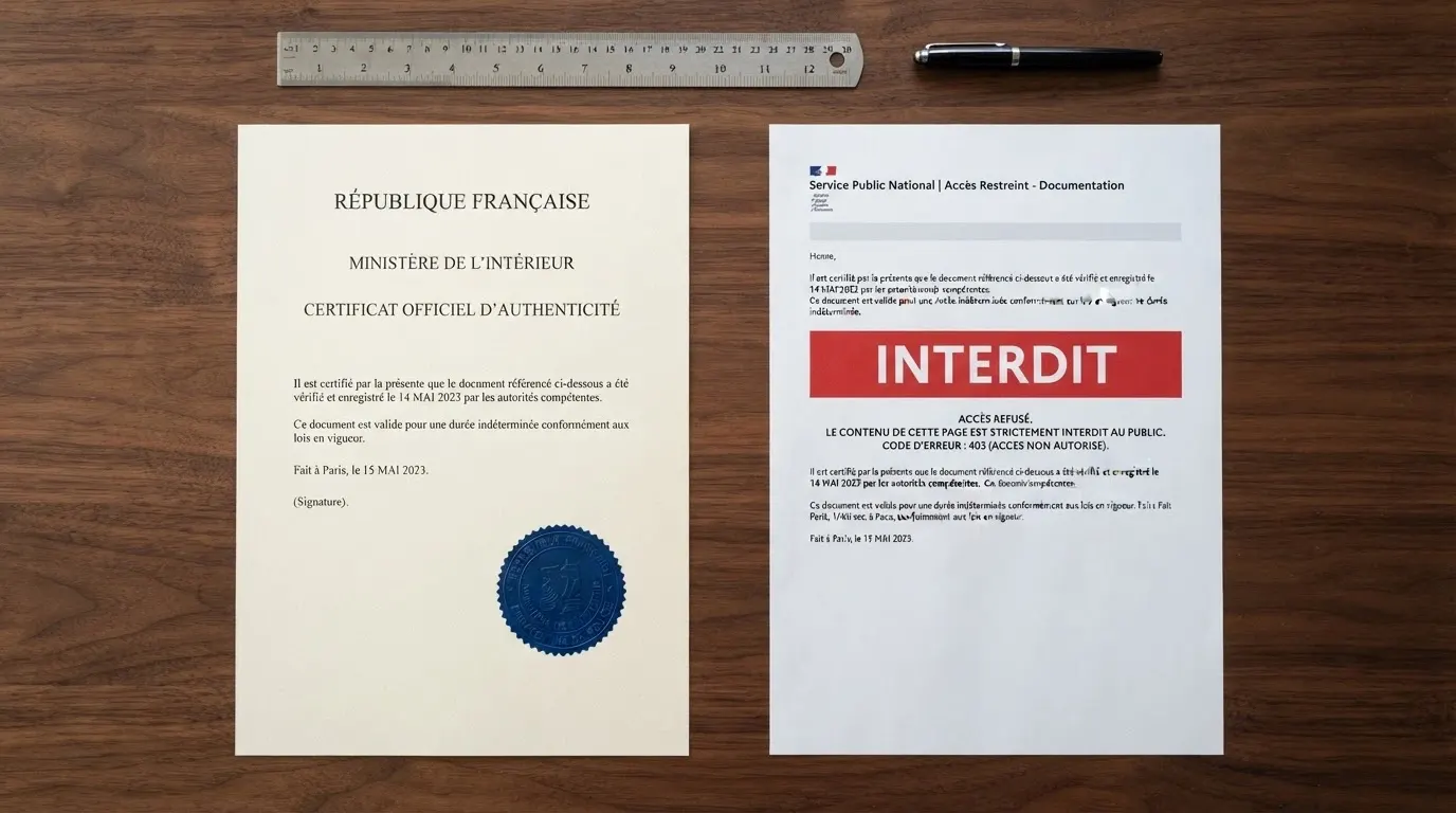 Deux documents officiels posés côte à côte sur une table : à gauche, un extrait du registre CGA de Curaçao avec un sceau bleu, à droite une page du site anj.fr barrée de la mention « interdit en France ».