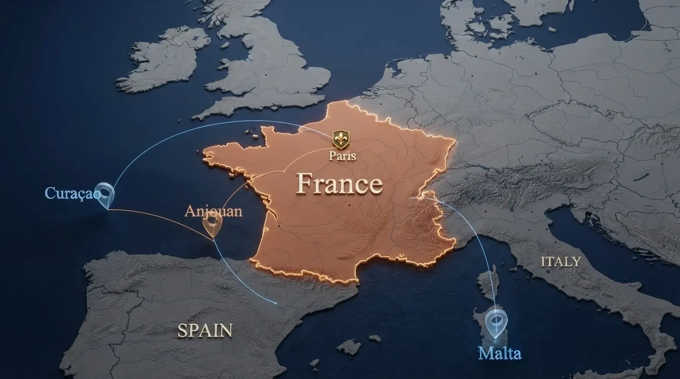 Une carte stylisée de l'Europe avec la France en évidence, entourée de drapeaux de juridictions offshore (Curaçao, Anjouan) et l'icône de l'ANJ au centre