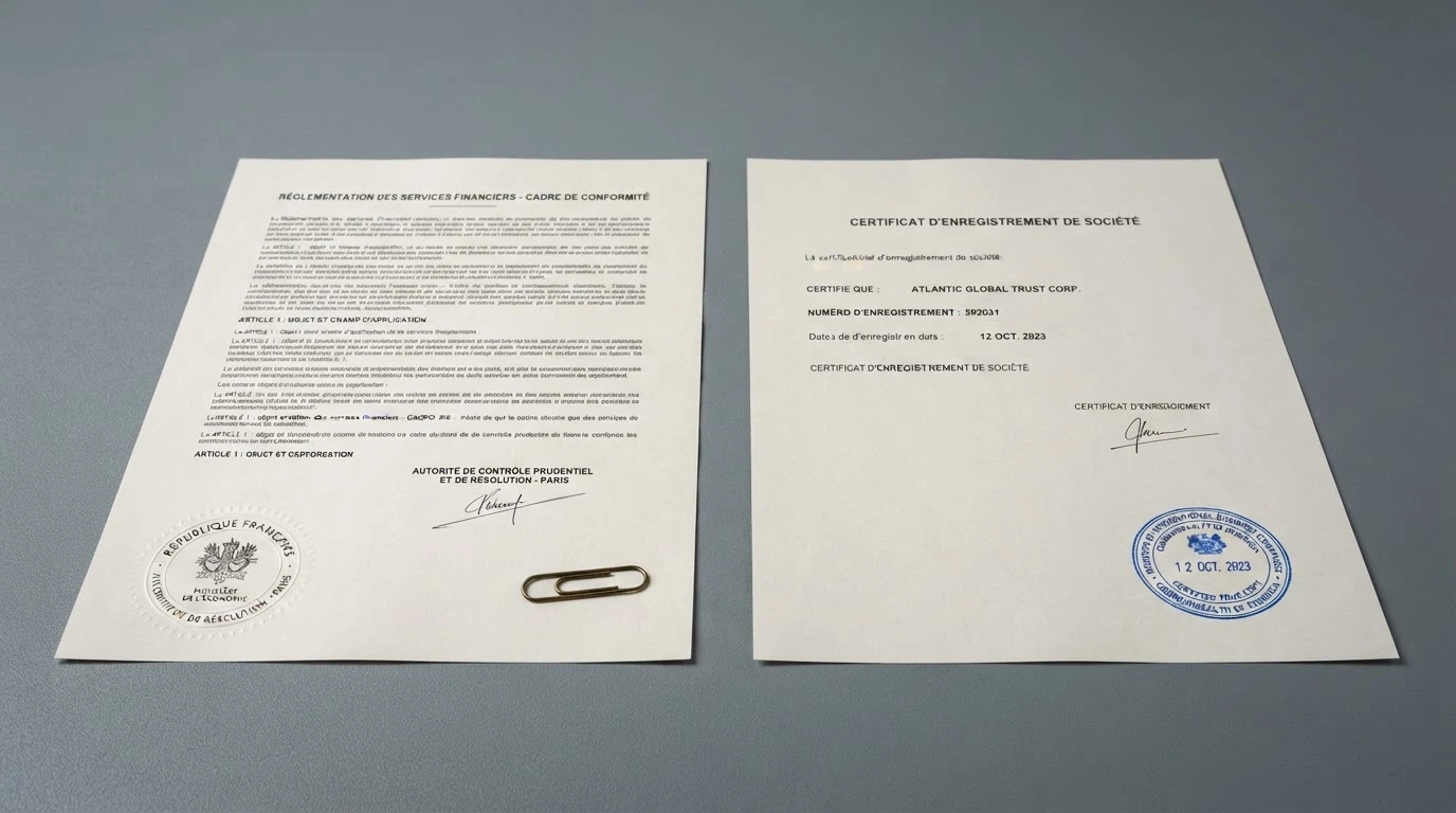 Document officiel de l'ANJ posé à côté d'un certificat de licence Curaçao, contrastant un cadre réglementaire structuré et un paraphe offshore