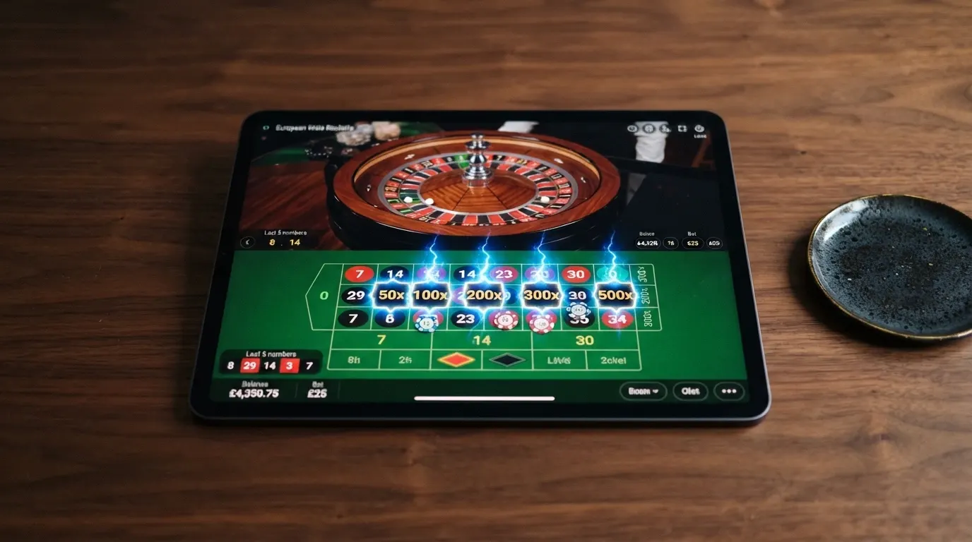 Gros plan sur l'interface de jeu montrant les numéros chance frappés par la foudre avec leur multiplicateur affiché (50x à 500x)