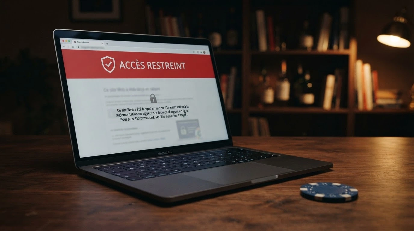 Un document officiel français (de type Journal Officiel ou texte ANJ) partiellement lisible avec le logo de l'ANJ visible, posé à côté d'un ordinateur affichant une interface de casino