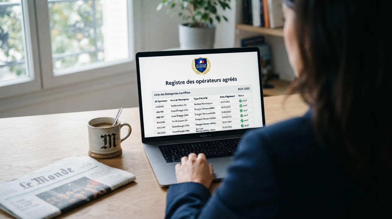 Interface du registre officiel des opérateurs agréés de l'ANJ affichée sur un écran, avec le logo de l'ANJ visible