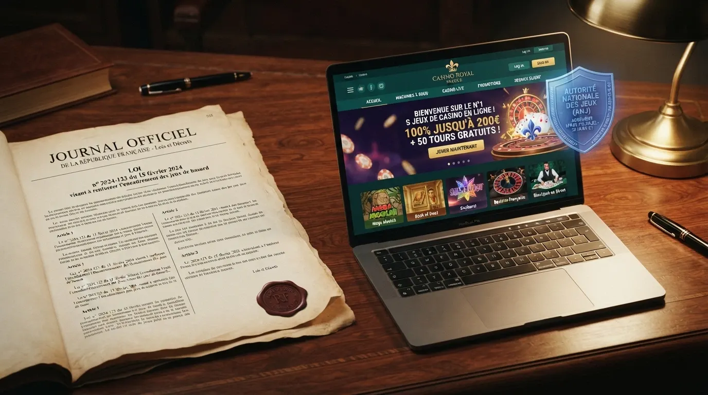 Un extrait du Journal officiel français posé à côté d'un écran affichant la page d'accueil d'un casino en ligne, avec le logo de l'ANJ en surimpression.