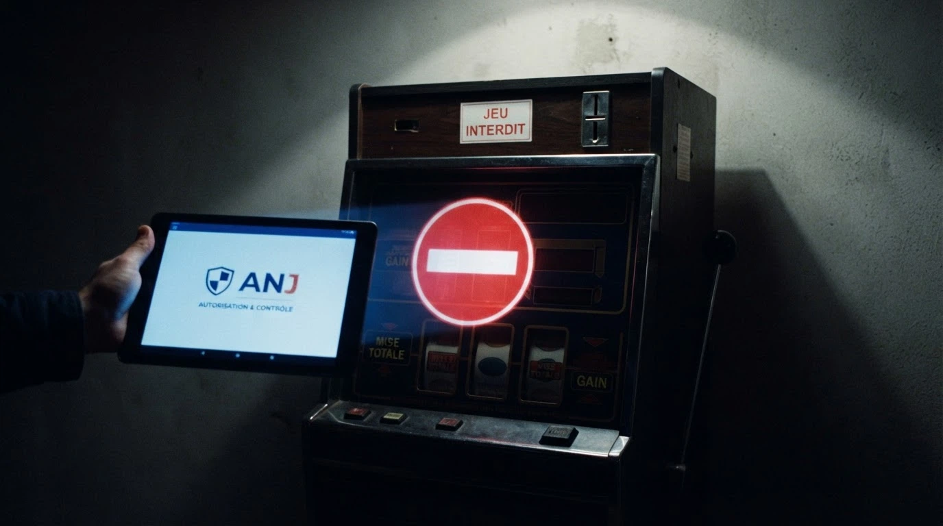 Le logo de l'Autorité nationale des jeux sur un écran, à côté d'une machine à sous marquée d'un symbole d'interdiction