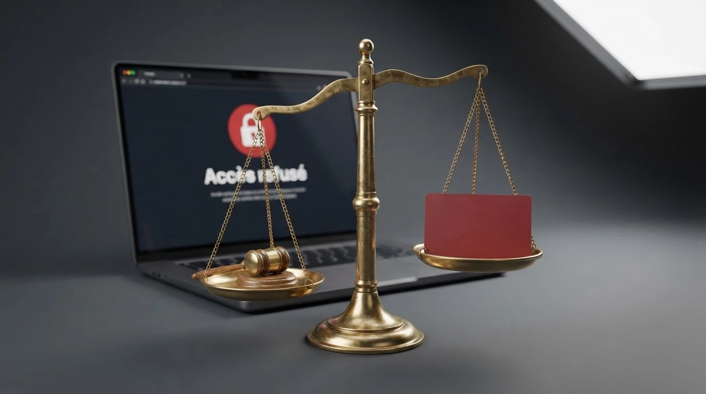 Une balance de justice posée à côté d'un écran affichant le logo de l'ANJ et une liste de sites bloqués barrés d'un cadenas rouge
