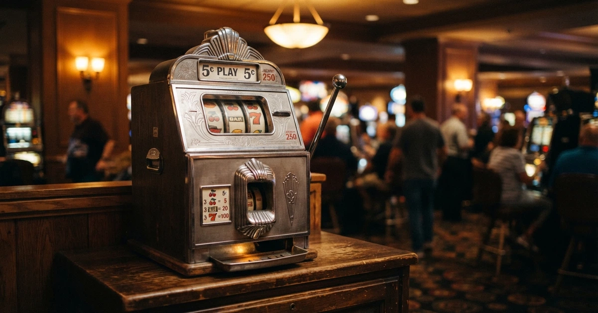 Une machine à sous mécanique ancienne avec son levier latéral caractéristique, posée sur un fond de casino tamisé.