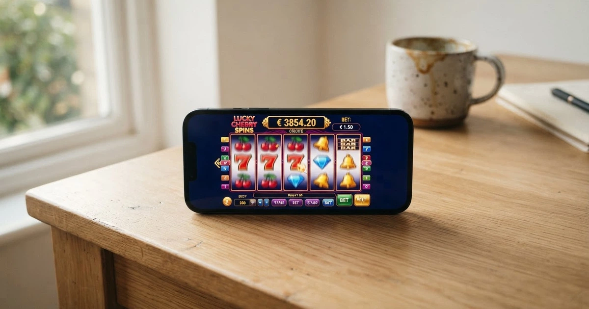 Une interface de machine à sous en mode démo dans un navigateur, crédits virtuels affichés, aucun téléchargement visible