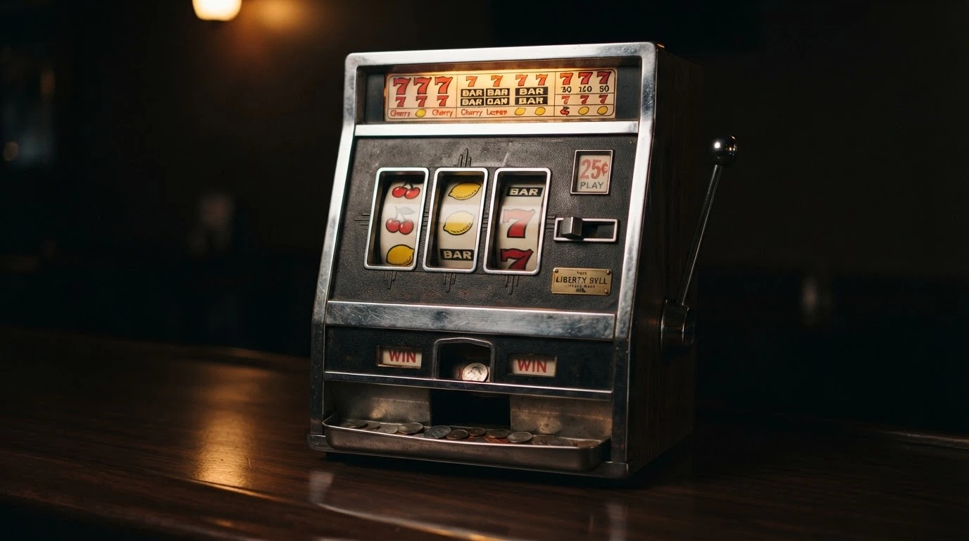 Machine à sous classique à trois rouleaux avec symboles fruits, interface rétro simplifiée