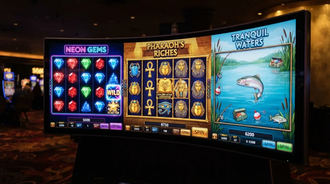 Trois machines à sous célèbres — Starburst, Book of Dead et Big Bass Bonanza — alignées sur un écran de casino