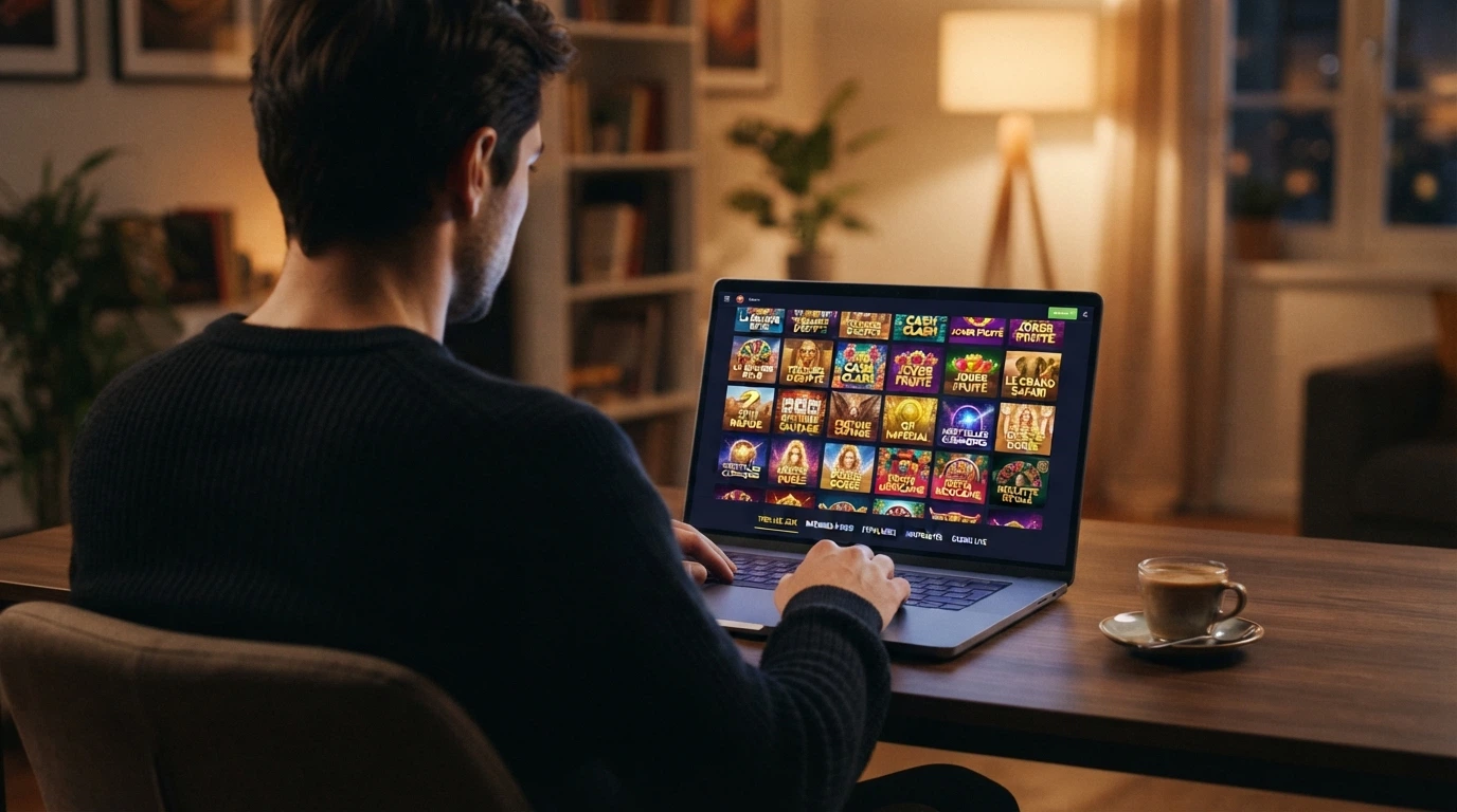 Écran de casino en ligne affichant une grille de vignettes de machines à sous colorées