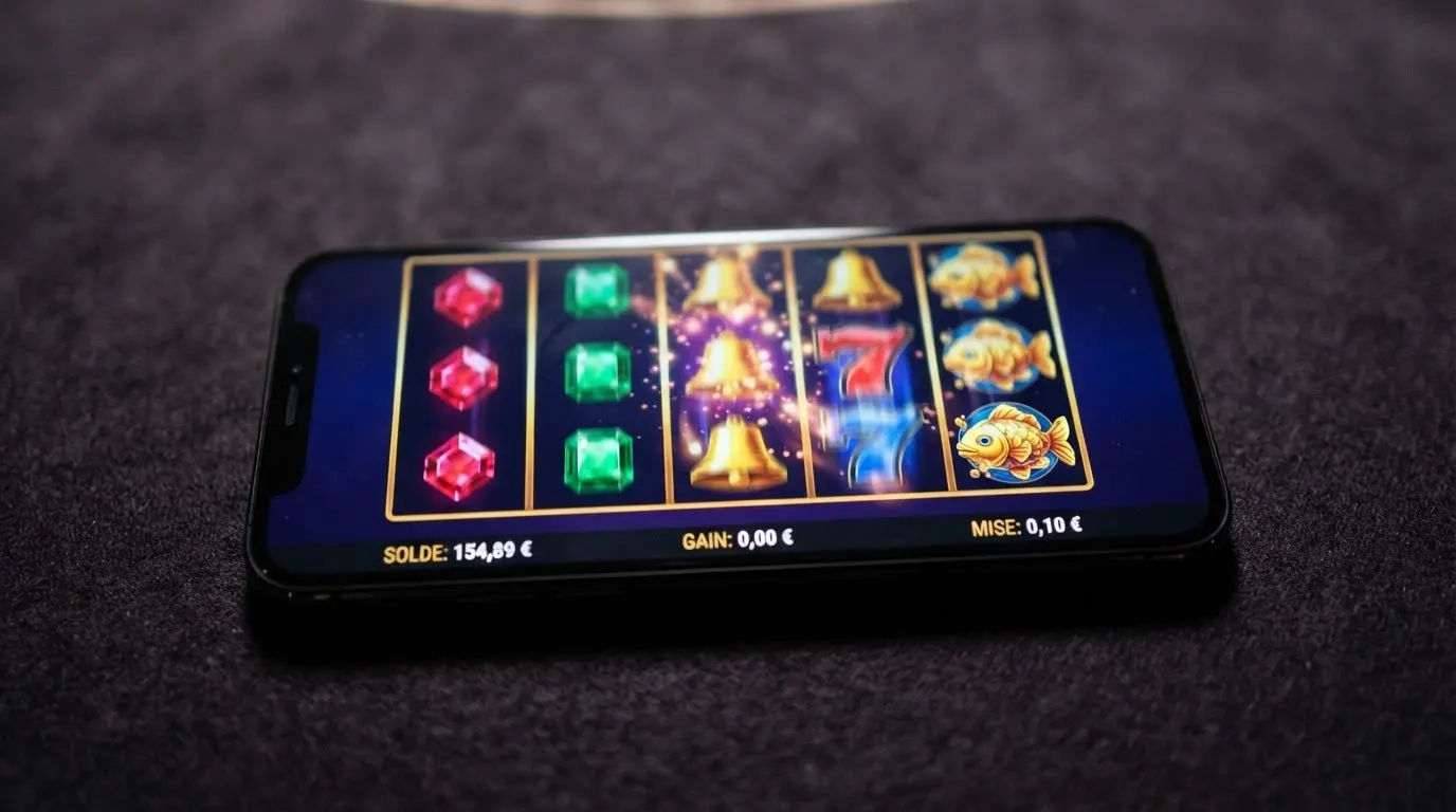 Écran de machine à sous en ligne colorée avec rouleaux, symboles et interface de jeu