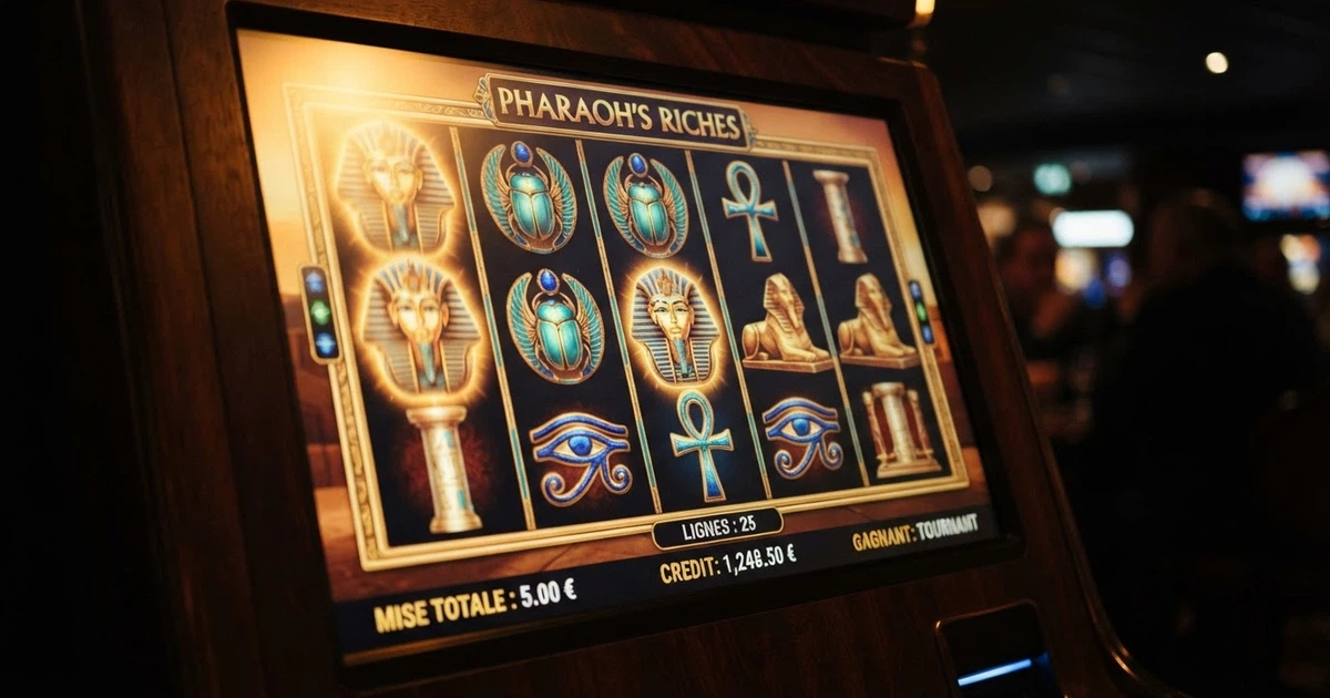 Interface de la machine à sous Cleopatra d'IGT affichant les rouleaux égyptiens, le logo du jeu et les symboles pharaon et Sphinx sur fond de pyramides