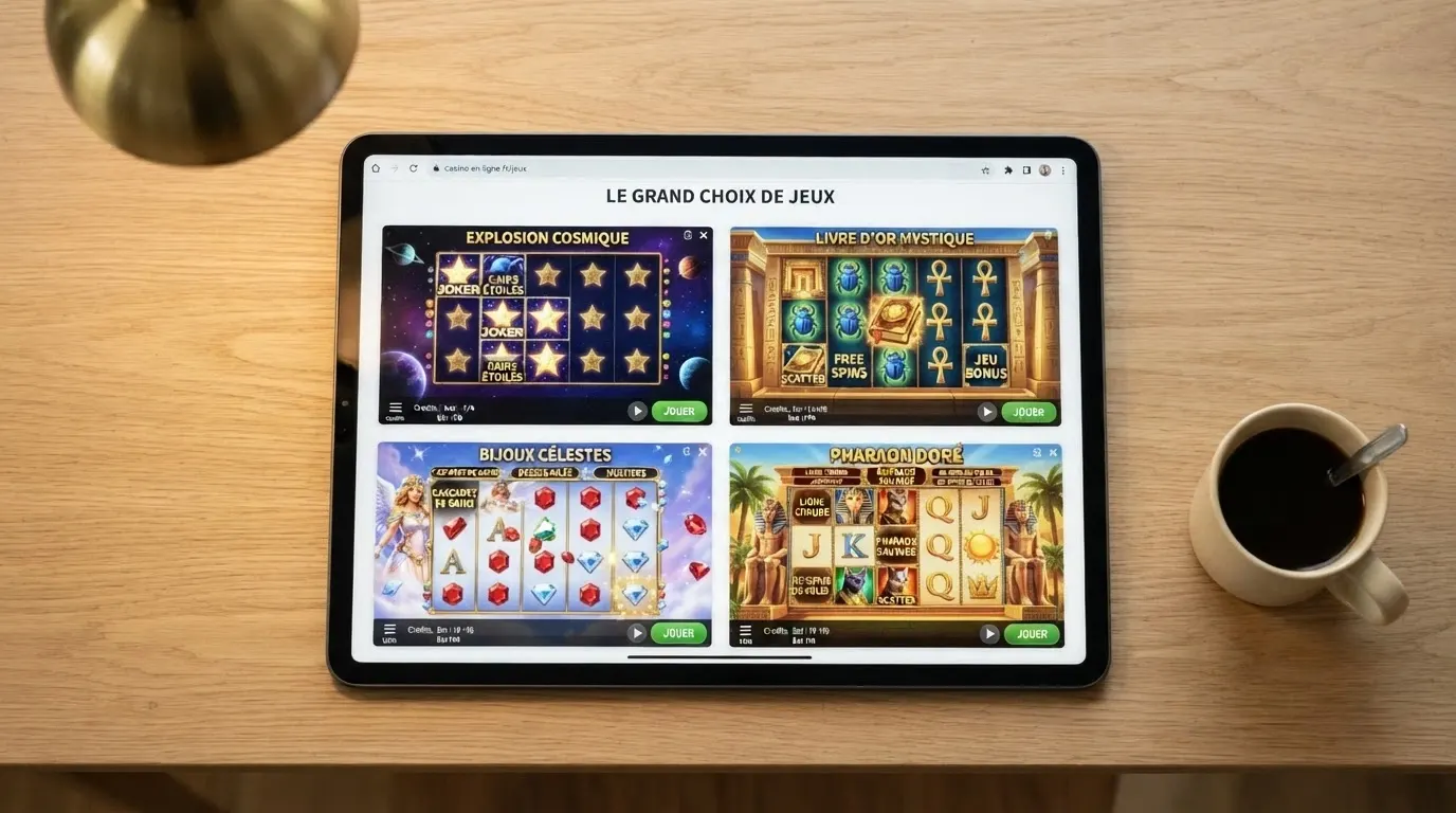 Une mosaïque de quatre machines à sous populaires — Starburst, Book of Dead, Gates of Olympus et Book of Ra — affichées côte à côte dans une interface de catalogue de jeux gratuits en ligne