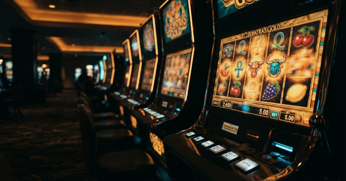 Logo Merkur Gaming sur fond sombre avec des machines à sous colorées en arrière-plan