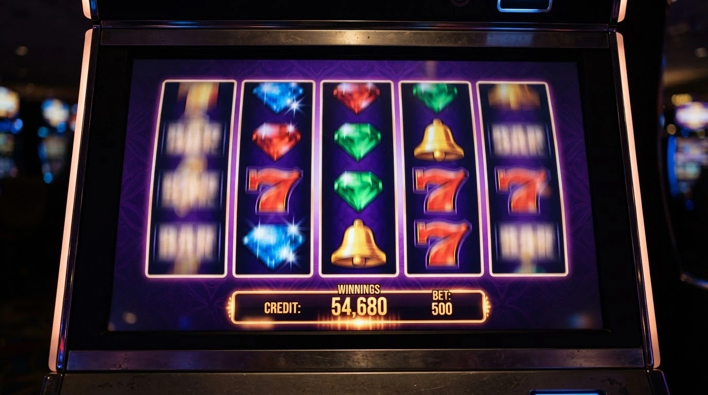Écran de jeu d'une machine à sous vidéo Microgaming avec ses rouleaux, sa grille de symboles et son compteur de gains