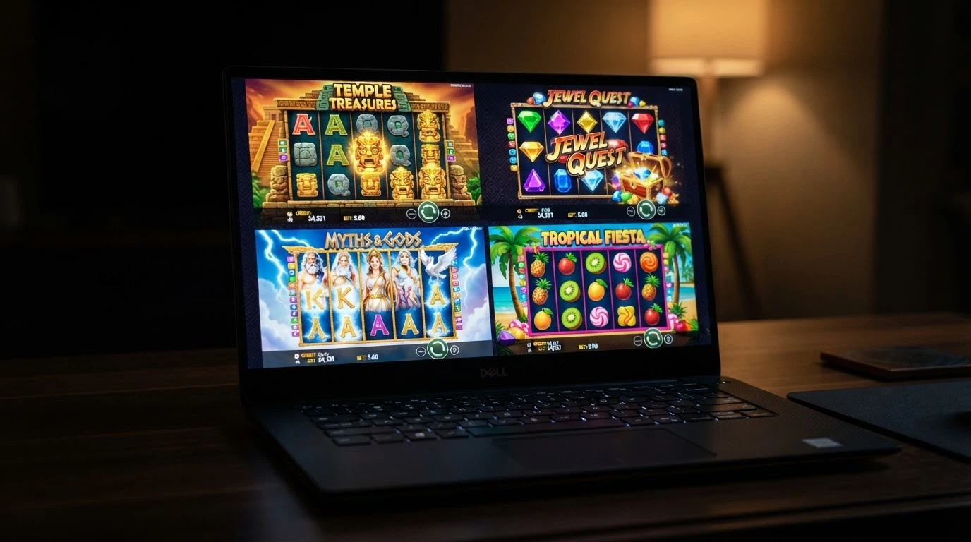 Une grille de machines à sous en ligne affichant des vignettes colorées (Book of Dead, Starburst, Gates of Olympus, Sweet Bonanza), sur fond d'écran de casino