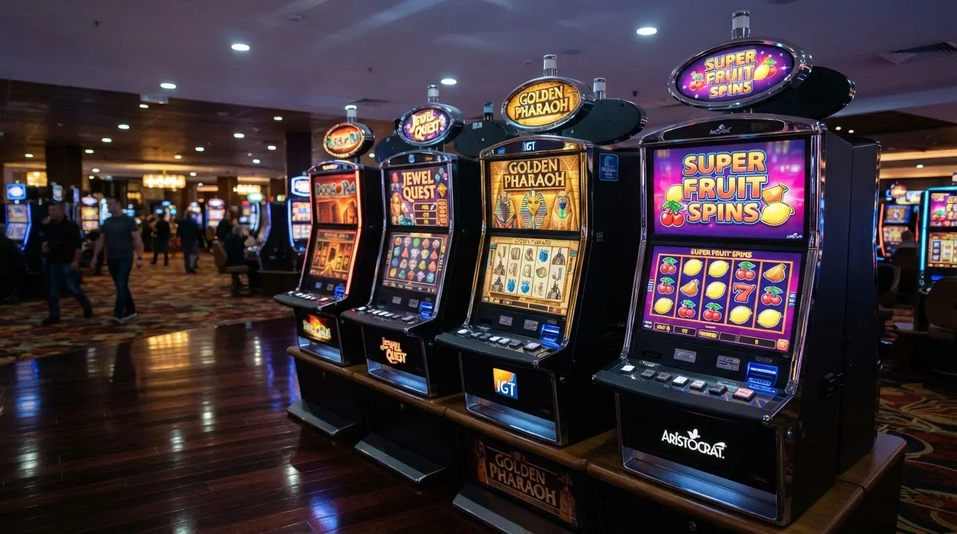 Plusieurs machines à sous alignées dans un casino physique, écran de jeu allumé affichant une grille de symboles