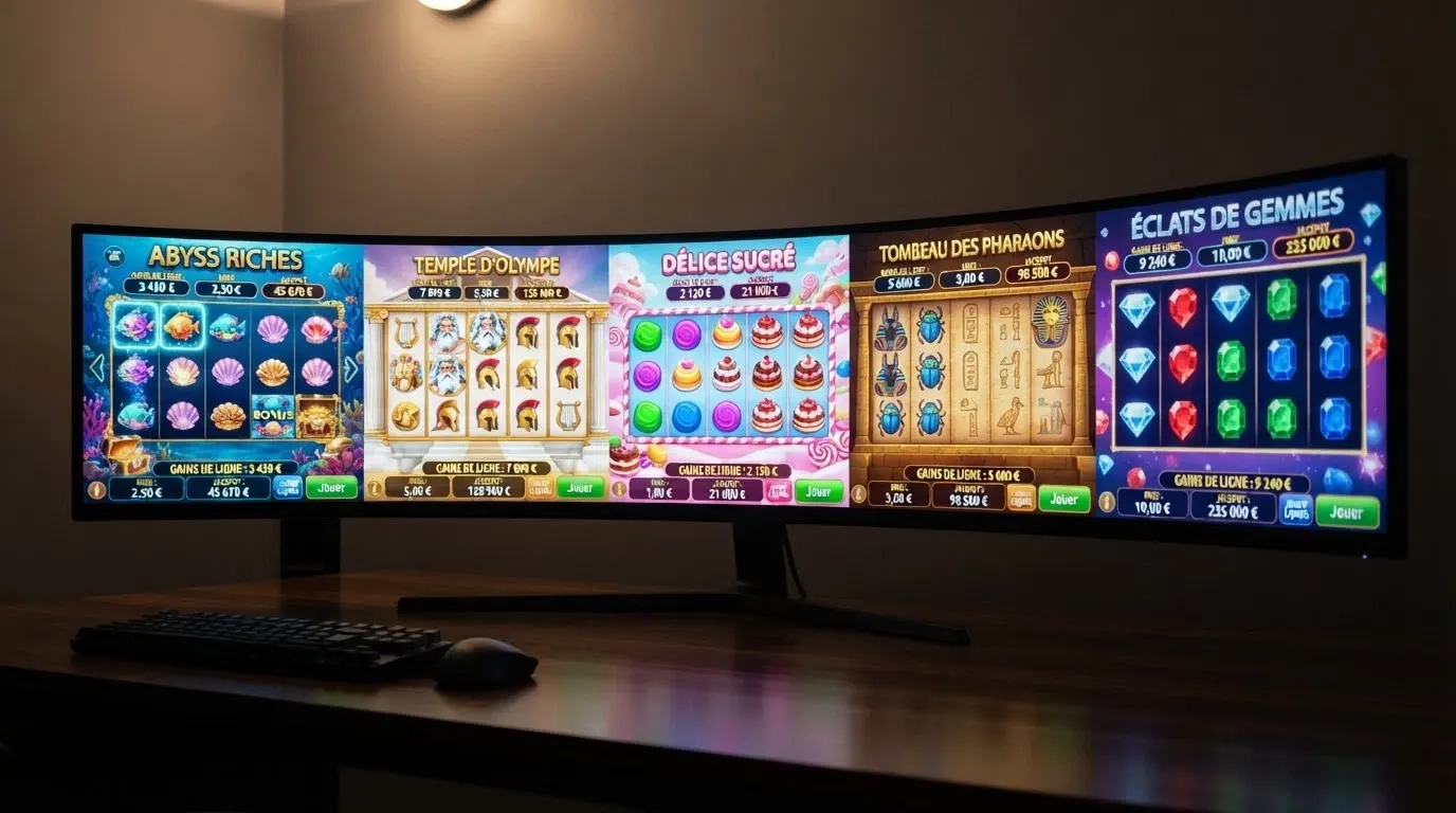 Cinq machines à sous en ligne affichant leurs grilles de jeu et leurs jackpots sur un écran large
