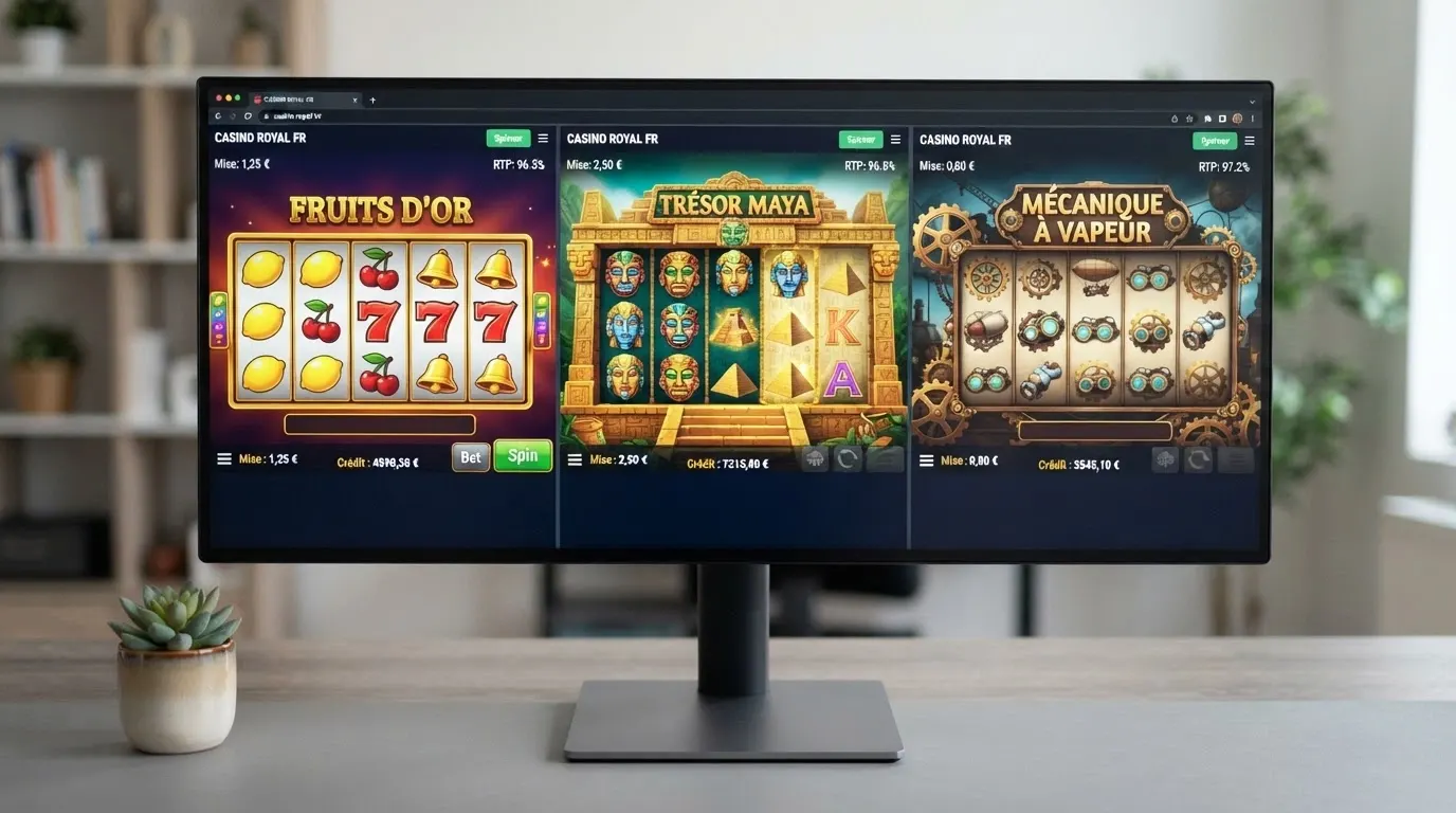 Trois machines à sous en ligne alignées sur un écran, avec leur pourcentage de RTP affiché dans le coin supérieur