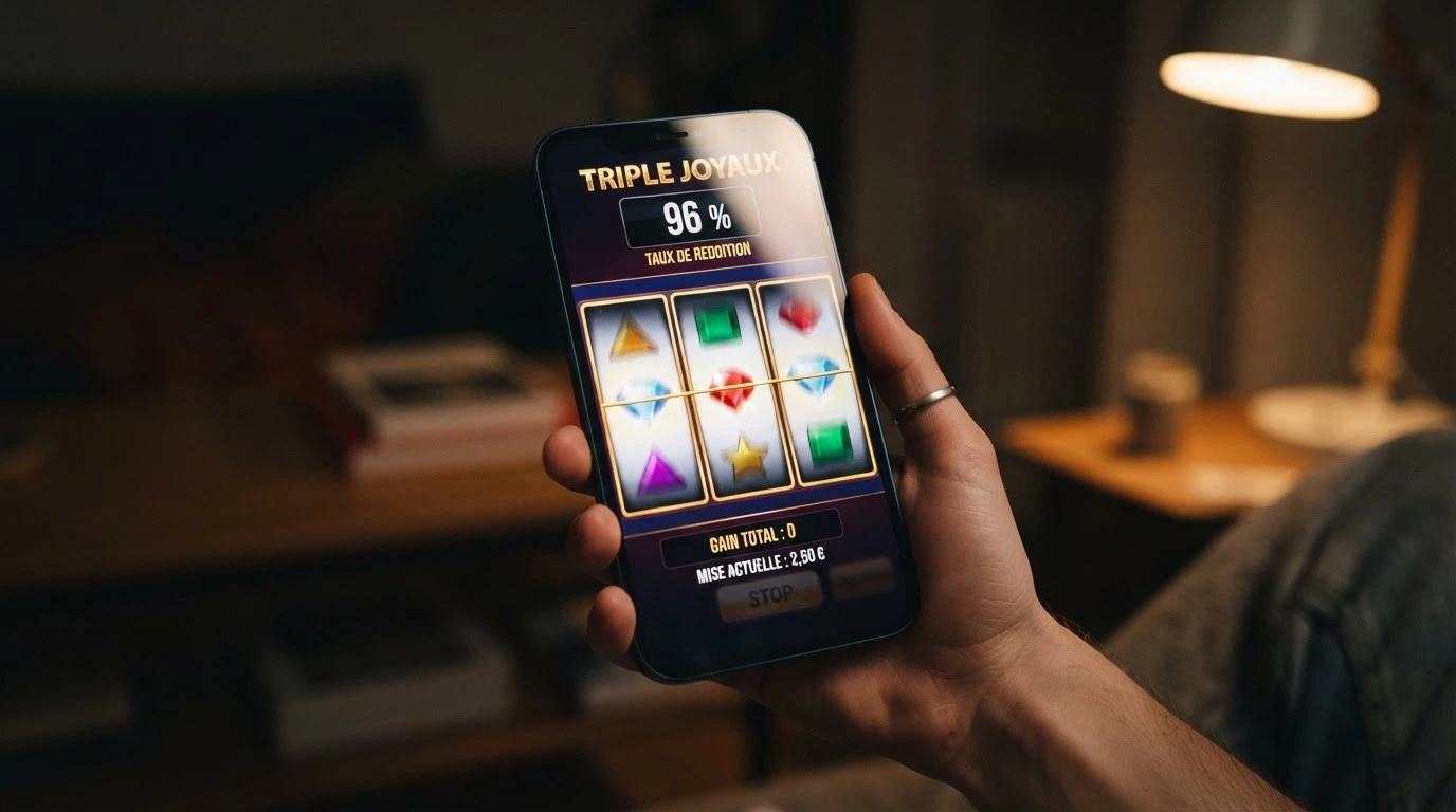 Une machine à sous en ligne affichée sur l'écran d'un téléphone mobile avec son taux de redistribution visible