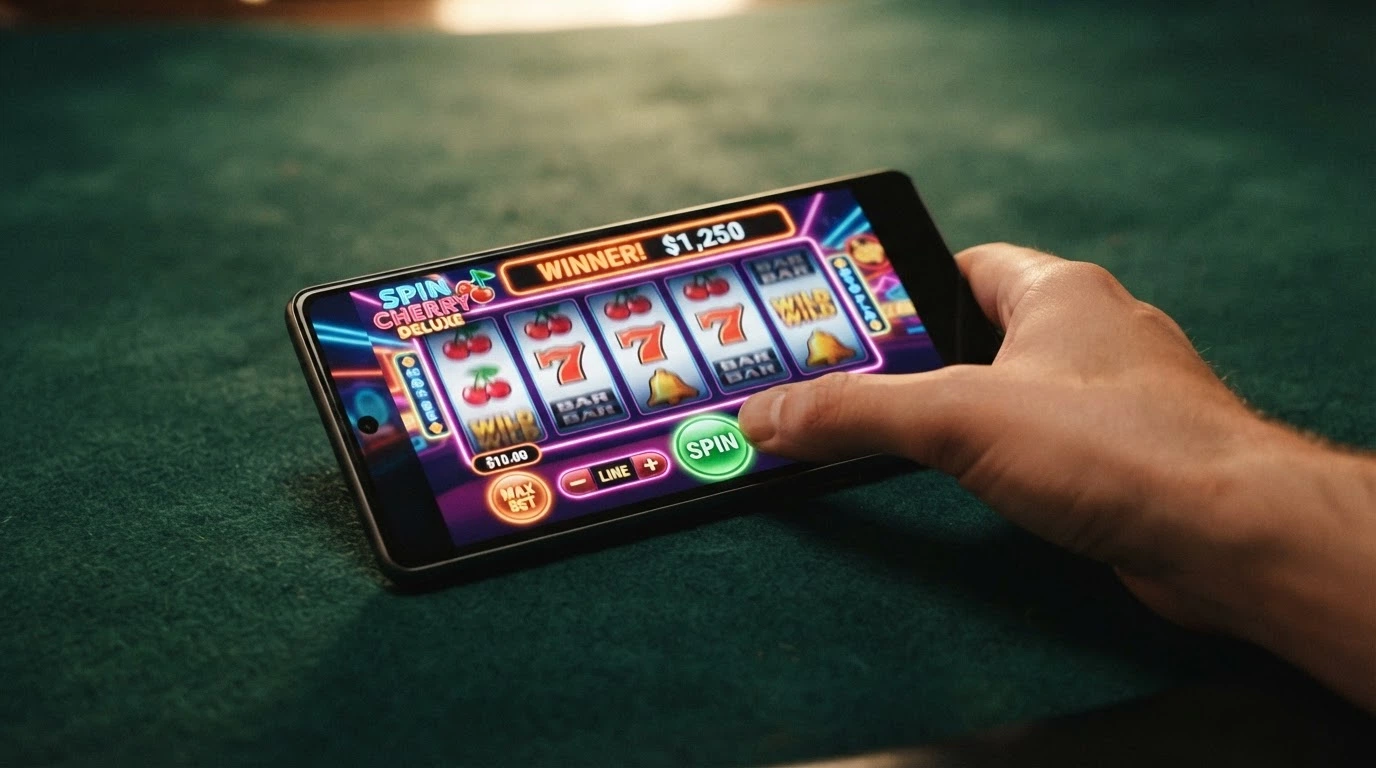 Smartphone en mode paysage affichant une machine à sous colorée avec les boutons de mise adaptés au pouce, posé entre deux mains qui tiennent l'appareil